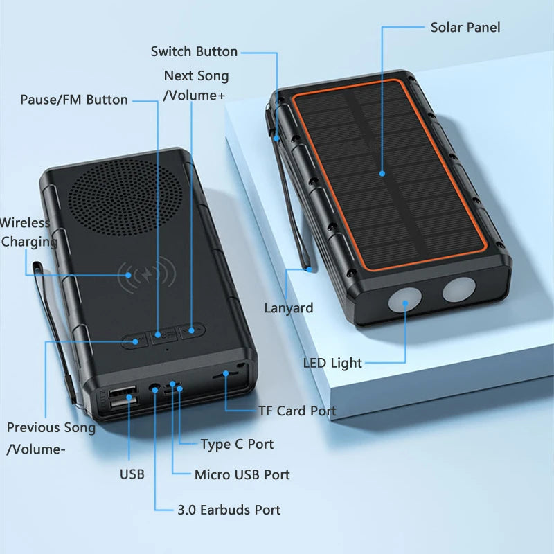 Wireless Solar 20000mAh Powerbank with Bluetooth Speaker & Lamp