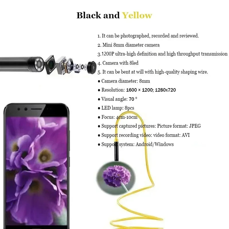 1200P endoscope camera 8mm for Android/Windows